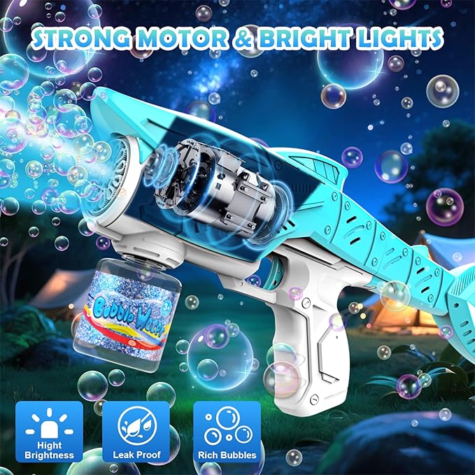 Automatic Bubble Machine Gun for Kids with 2 Bottles 5 Bags of Refill Solution Lights ElectricShark Bubble Gun Toys Outdoor Toys Gifts Wedding Easter Party Favor