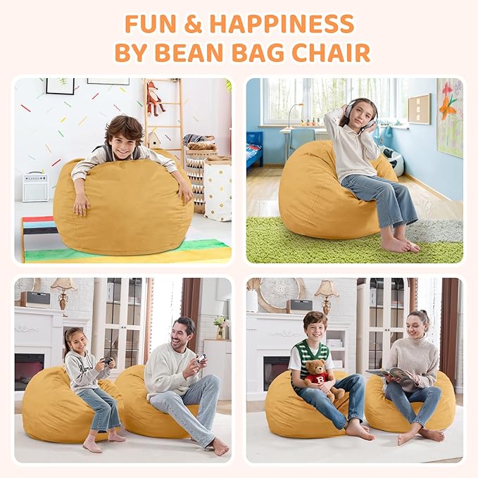 2FT Bean Bag Chair, Comfy Bean Bag Chairs with Memory Foam Filled, Fluffy Beanbag Sofa with Dutch Velvet Cover, Teardrop BeanBag Chairs for Living Room, Playroom - Mustard