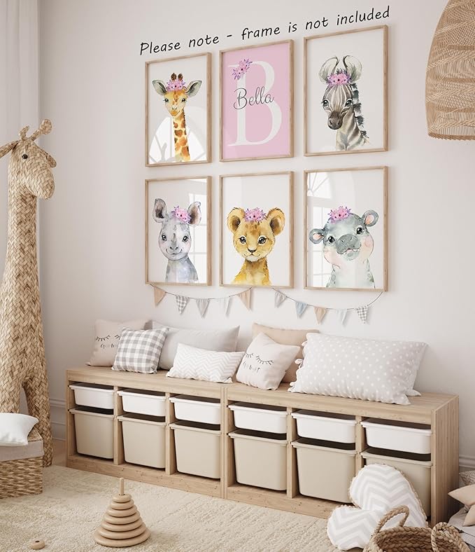Personalized Safari Animals for Baby Girls Nursery, Set of 6 Unframed Poster Prints, Personalized Name Pink Lilac Floral, Girls Bedroom Decor, Elephant Giraffe (11x14)