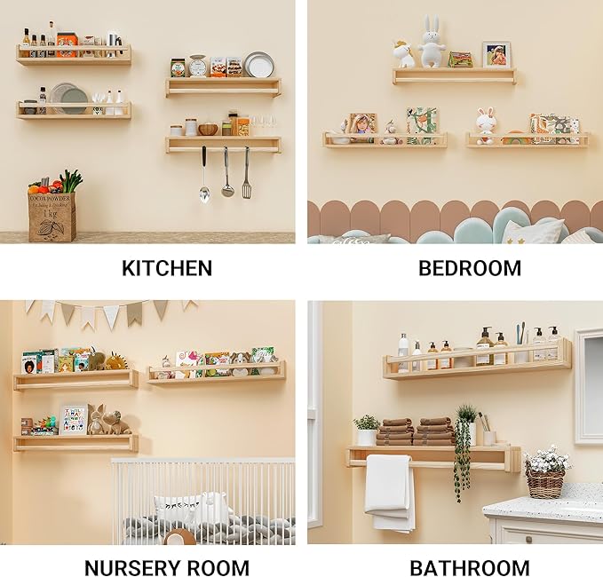 Heimlove Nursery Floating Shelves, Wood Nursery Book Shelves for Wall, 32 inch Wall Bookshelf for Kids Solid Wood Shelves for Books,Toys and Decor Storage, Set of 3