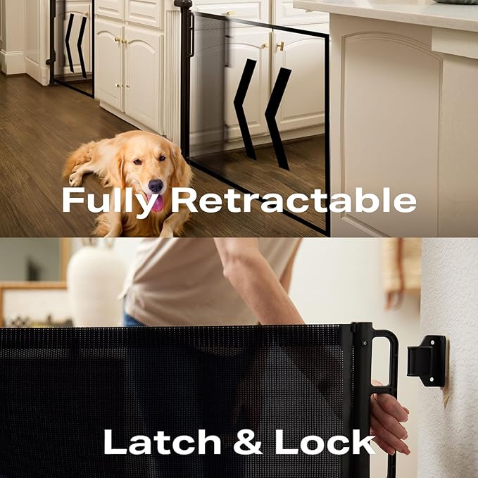 Cumbor Retractable Baby Gates for Stairs, Mom Choice Award Winner-55 Wide Mesh Dog Gate for Doorways, 34" Tall Easy to Use Pet Fence for The House, Toddler Safety Essentials Indoor&Outdoor, Black