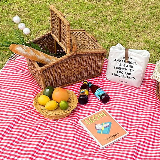 Cute Gingham Picnic Blanket, Waterproof Foldable, in Large 80x60in and Extra Large 80x80in, Portable Compact Beach Blanket, Oversized XL Outdoor Mat (Red, Large)