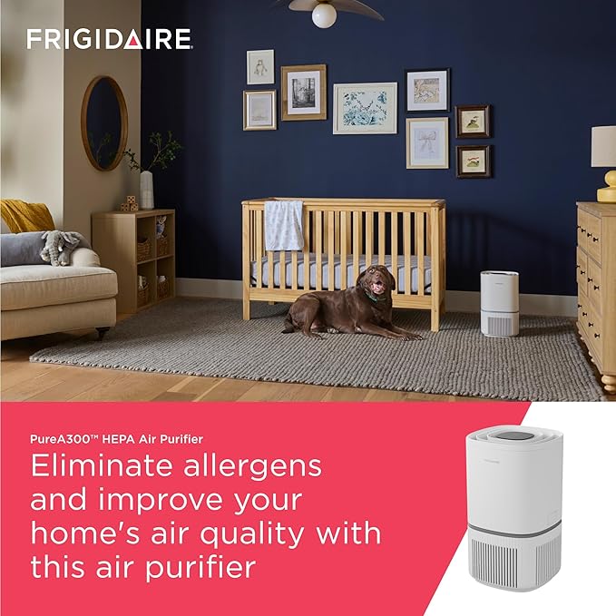 Frigidaire PureA300 HEPA Air Purifier for Small Bedrooms, Covers up to 850 Sq. Ft., 3-Stage Filtration, Energy Star Certification, Air Quality Monitoring, Smart Mode, Ultra Quiet, White