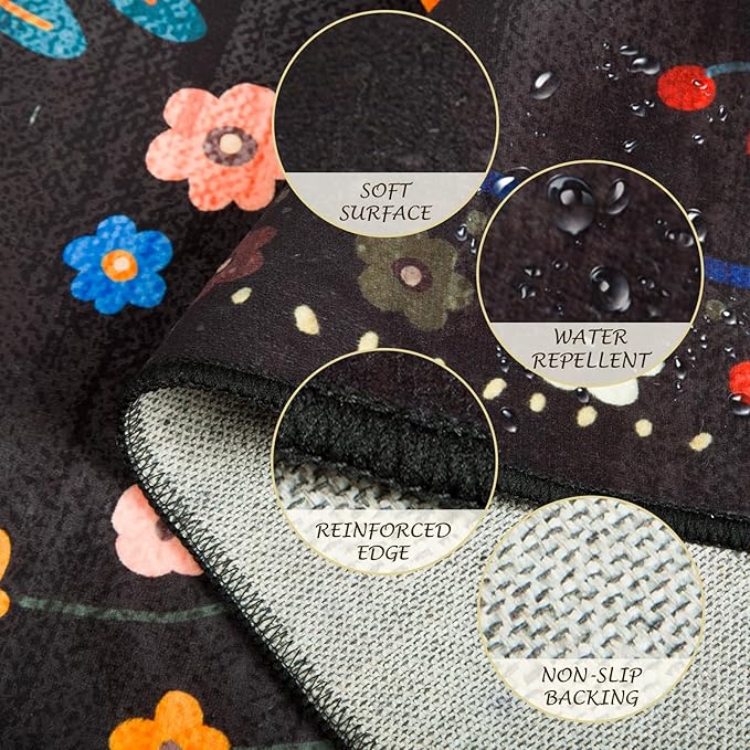 Floral 5x7 Area Rug Machine Washable Soft Print Boho Carpet Non Slip Doormat Low Pile Flower Area Rugs for Living Room Bedroom Nursery Kitchen Dining Room Indoor-Black