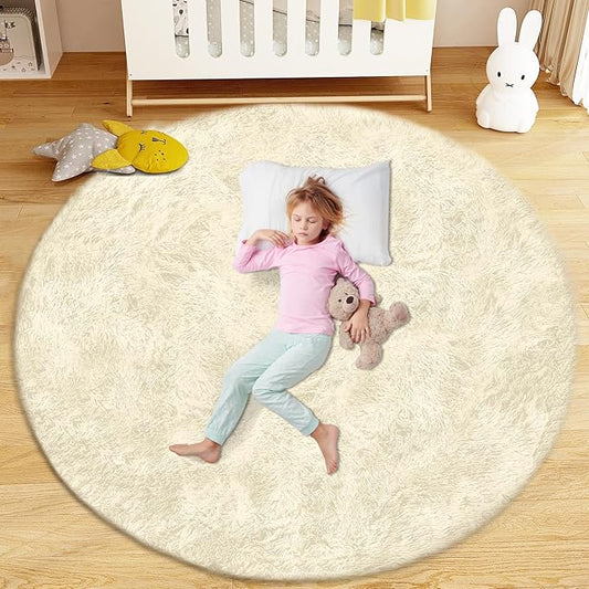 4FT Round Rug for Bedroom: Fluffy Shag Soft Washable Rugs Circle Small Fuzzy Plush Indoor Carpet for Living Room Nursery Playroom Dorm Kids Girls Boys Room (Cream White, 4'x4')