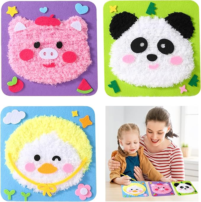 DIY Embroidery Doll Kit, Cartoon Animal Craft Sewing Kit for Kids, Felt Crafts, Beginner Sewing for Kids Ages 4-8 Plus - Helps Develop Fine Motor Skills (3PCS-Duck/Pig/Panda)