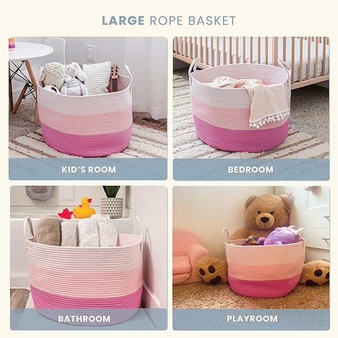 OrganiHaus Toy Storage Basket for Kids, Large Cotton Rope Organizer Bin for Nursery, Toy Box, Blanket Holder, Baby Hamper for Living Room, Soft & Washable, 20x13 inches - Pink