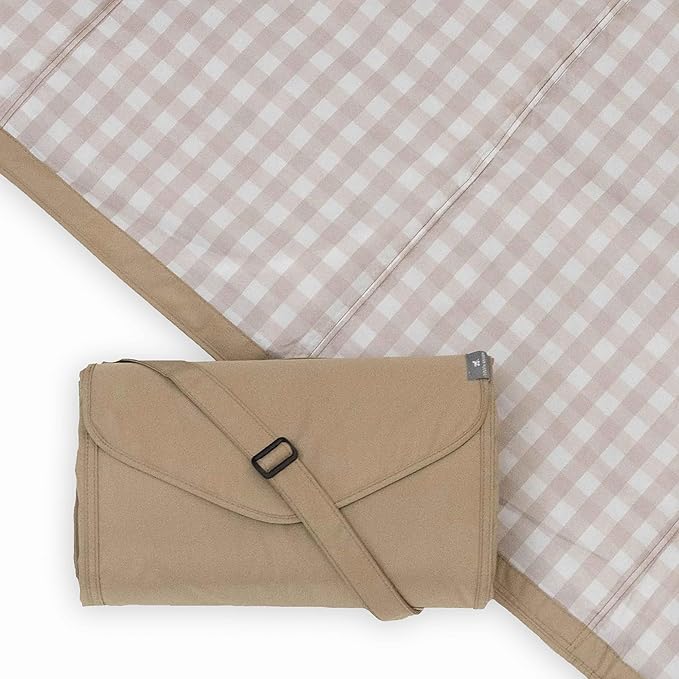 Little Unicorn 5'x10' XL Outdoor Family Picnic & Beach Blanket | Durable & Water-Resistant Fabric | Compact Fold & Easily Wipes Clean | Zipper Pocket (Beige Buffalo Check)