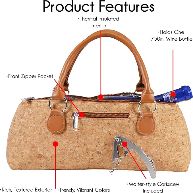 Wine Clutch Bag (Thermal Insulated) Trendy Women's Carry Tote | Holds Red & White 750mL Bottles | Trendy Fashion | Incl. Portable Waiter-Style Corkscrew