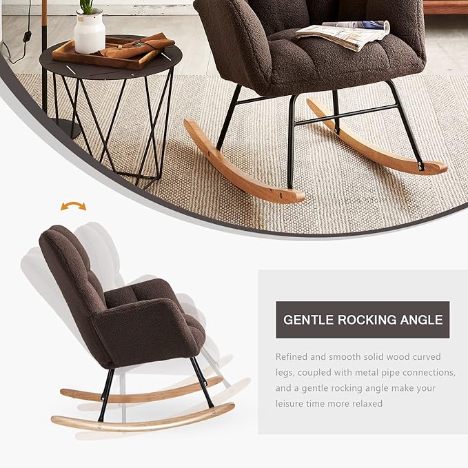 Nursery Rocking Chair, Teddy Upholstered Glider Rocker with High Backrest Armchair, Modern Rocking Accent Chairs for Nursery, Living Room, Bedroom, Offices (Brown)