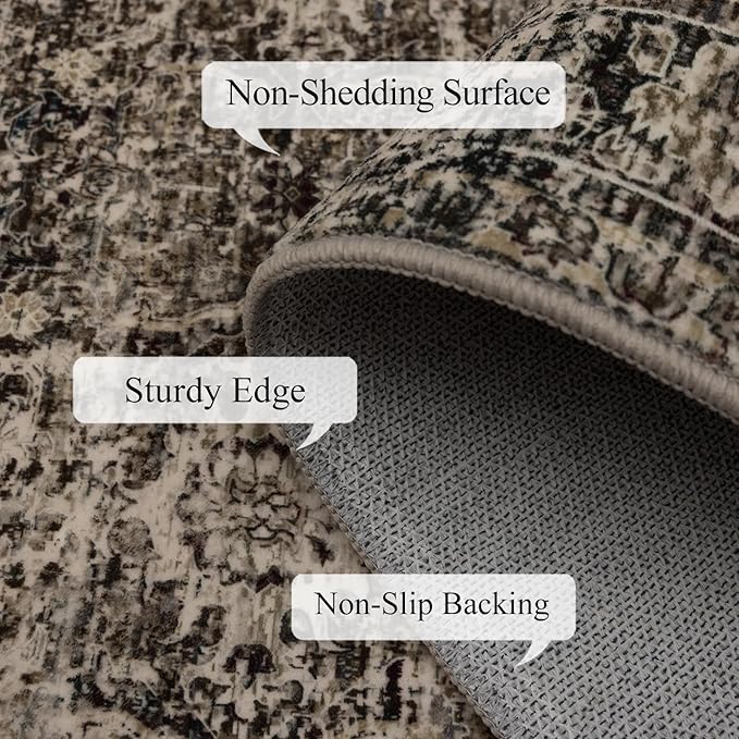Washable 6x9 Area Rug for Living Room, Carpet for Bedroom Dining Room, Non Slip&Non-Shedding Resistant Low Pile Vintage Print Rug for Home Office (Brown)