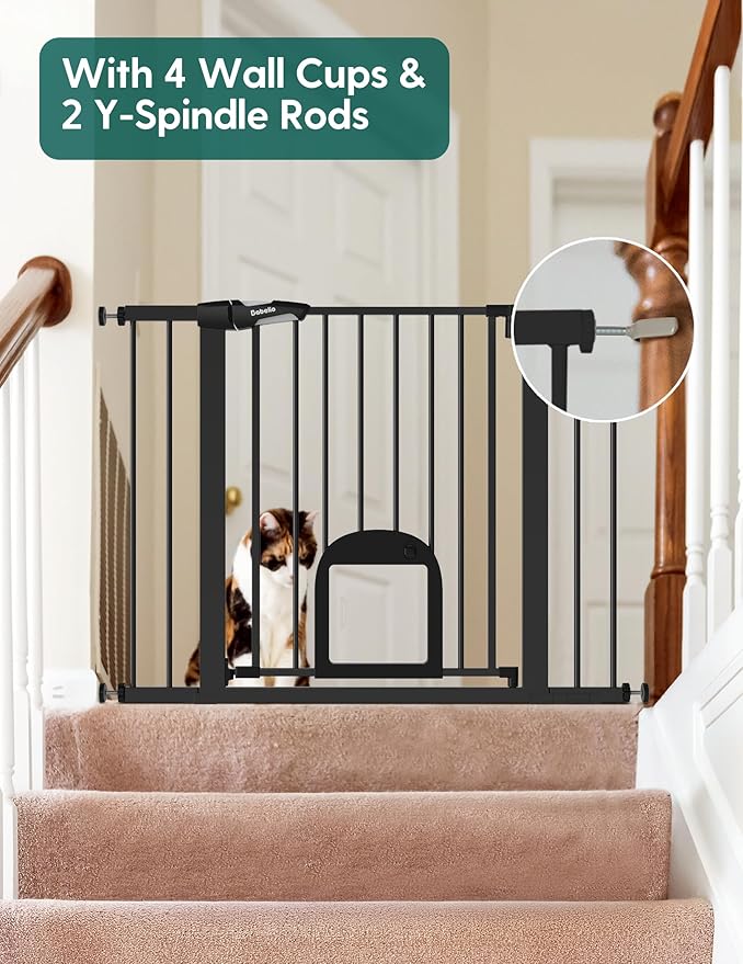 Babelio 36" Tall Upgraded Baby Gate with Cat Door,29-43" Auto Close Durable Dog Gate for Stairs,Doorways and House,Easy Walk Thru,Includes 4 Wall Cups,Black