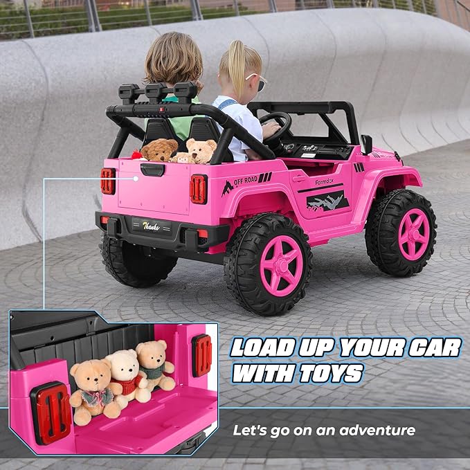 Hikole 24V 2 Seater Ride on Cars for Kids - Remote Control, 20" Spacious Seat, 4WD/2WD Switchable Electric Car with LED Lights, Bluetooth, 3 Speeds, Ride on Toys for Kids 3-8, Hot Pink