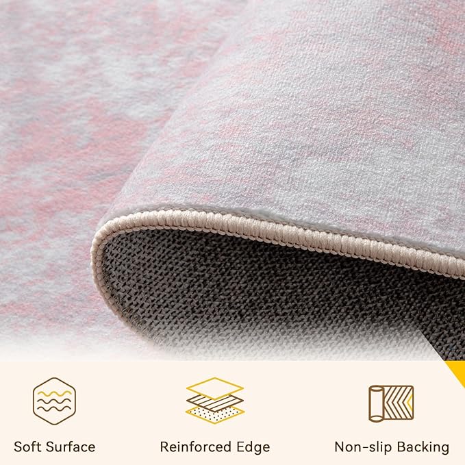 Washable Area Rugs 8ft Non-Slip Modern Abstract Soft for Living Room Entryway Bedroom Nursery, Print Pattern, Grey Pink