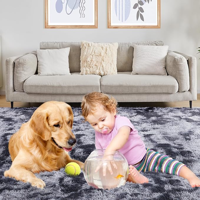 6x9 Area Rugs for Living Room, Fluffy Shaggy Bedroom Rug Indoor Carpet, Anti-Skid Soft High Pile Rug for Nursery, Kids Room, Bedside, Home Decoration, Tie-Dyed Dark Grey
