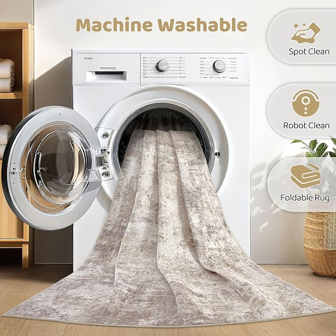 8x10 Area Rugs Living Room: Washable Large Abstract Soft Rug Stain Resistant Indoor Floor Non-Slip Accent Carpet for Women Modern Home Enthusiasts Aged 25-45 - Bedroom Nursery Playroom- Beige Brown