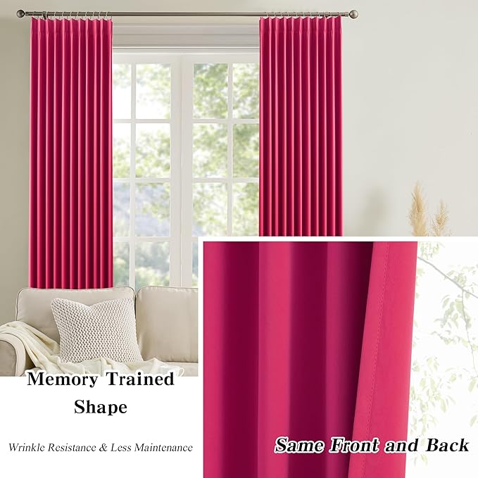 Hot Pink Drapes Room Darkening Curtains, Pinch Pleat with Hooks, Modern Design Light Reducing & Privacy Protection Blackout Window Drapery for Kid's Adult Room(Hot Pink, 2 Panels, W40 x L96)