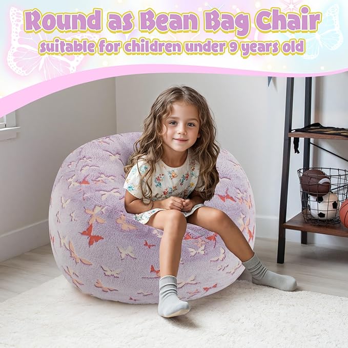 COMAX Kids Bean Bag Chair Turn into Beanbag Bed, Toddler Bean Chair for Girl Boy Sleeping, Lazy Children Bean Bags with Filler, Convertible Child Floor Mattress, Purple Butterfly