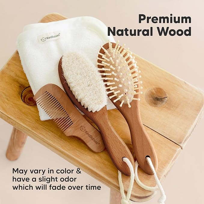 Baby Hair Brush and Comb Set for Newborn - Wooden Baby Hair Brush Set with Soft Goat Bristle, Baby Brush Set for Newborns,Baby Brush and Comb Set Girl, Boy,Toddler Cradle Cap Brush (Oval, Dark Walnut)