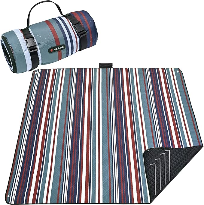 HX&OD Outdoor Picnic Blanket Extra Large, 80''*80'' Waterproof Picnic Mat with Stakes Foldable Camping Blanket Portable with Carry Strap for Beach Mat (Red, 80''*80'')