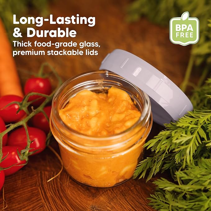 KeaBabies 12pk 4oz Glass Baby Food Containers with Lids - Leak-Proof, Microwavable Small Glass Jars, Baby Purees & Toddler Snack Storage Containers, BPA-Free, Dishwasher & Freezer Safe (Lilac)