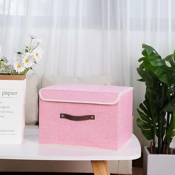 ANMINY 4PCS Storage Bins with Lid PU Leather Handles Storage Boxes PP Plastic Board Decorative Foldable Lidded Cotton Linen Fabric Home Cubes Baskets Closet Organizer Containers - Pink, Large Size