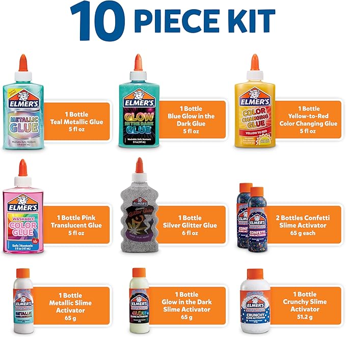 Elmer's Celebration Slime Kit, Complete Slime Supplies with Assorted Magical Liquid Slime Activators and Assorted Liquid Glues, 10 Count - Perfect for Parties, Gift, Activity Time