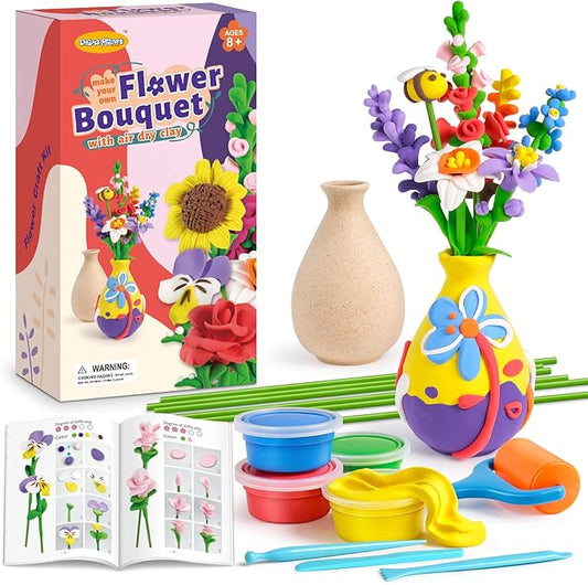 Drama Planet Flower Craft Kit for Kids, Make Your Own Flower Bouquet with Air Dry Clay, Arrange Clay Flowers & Create Personalized Art, Great Gifts for Girls