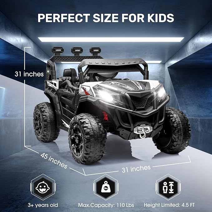 ANPABO 24V 4X4 Ride on Car Truck w/Remote Control, 4WD/2WD Switchable Kids UTV, 19" Spacious Seat, 4 Shock Absorbers, Soft Start, Music Player, Electric Car for Kids Ages 3+(White)