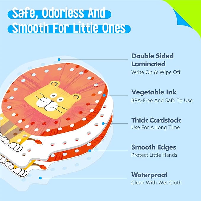 9 Pieces Lacing Cards, Double Sided Sewing Cards in 9 Jungle Animals with 9 Colorful Laces, Imagination Development Lacing Toys Games Educational and Learning Activity for Preschoolers, Kids