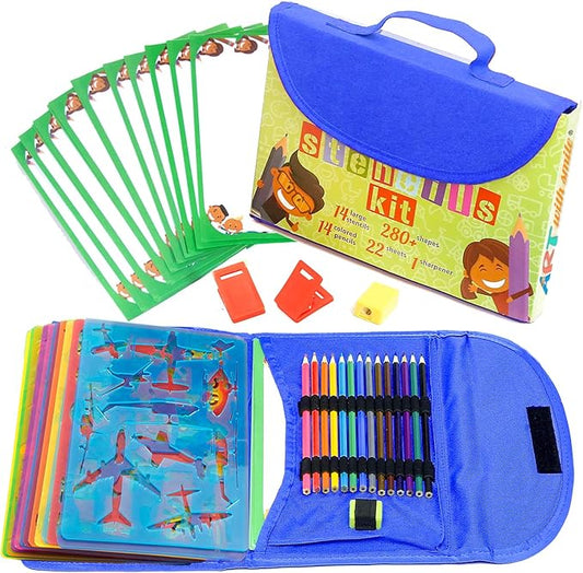 Drawing Stencils Set for Kids (55 Piece) - Arts and Crafts Set for Girls & Boys - Christmas & Birthday Gifts for Kids 4 5 6 7 8 9+ Year Old - Ideal Creativity Kit & Travel Activity with 300+ Shapes