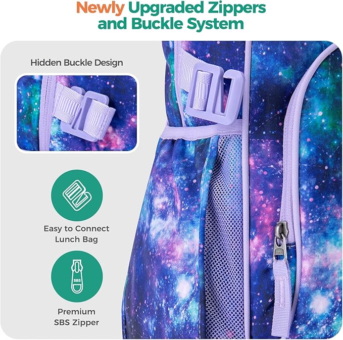 Choco Mocha Galaxy Backpack for Girls, Elementary School Backpack for Girls Ages 6-8 Kids Kindergarten Backpack Bookbag 17 Inch with Chest Strap, Purple