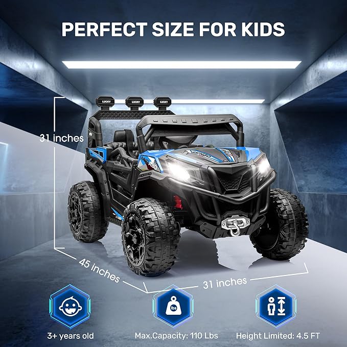 ANPABO 24V 4X4 Ride on Car Truck w/Remote Control, 4WD/2WD Switchable Kids UTV, 19" Spacious Seat, 4 Shock Absorbers, Soft Start, Music Player, Electric Car for Kids (Blue)