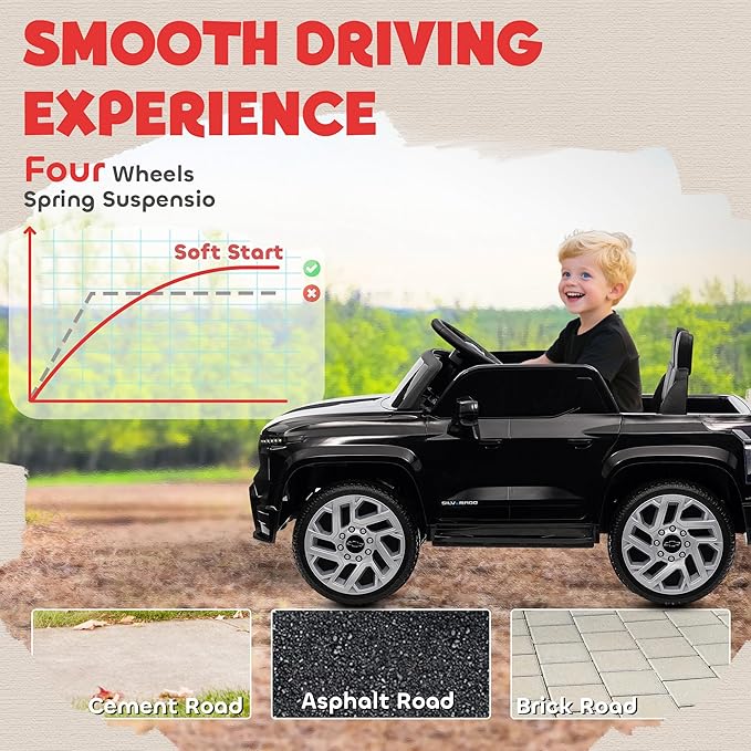 Qaba 12V Kids Ride on Truck, Chevrolet Silverado EV RST Licensed Electric Car with Parent Remote Control, Back Storage, Spring Suspension, Soft Start, Auxiliary Wheels, LED Lights, Music, MP3, Black