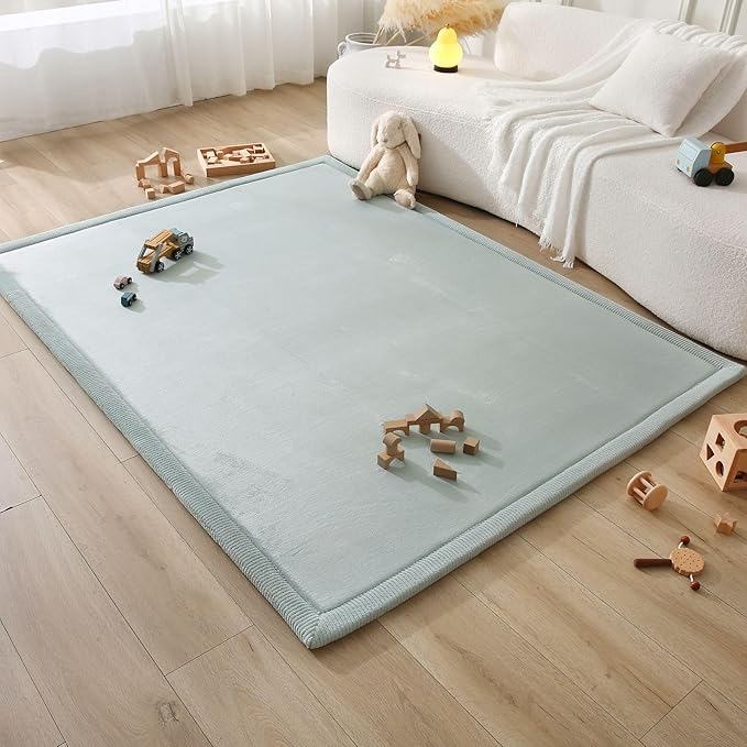 Stylish Coral Velvet Baby Play Mat for Floor 60" x 80" Green – Soft 1" Thick High-Density Memory Foam Nursery Rug,Kids Rug with Non-Slip Backing for Crawling & Playing, Playroom Rug, Kids Carpet
