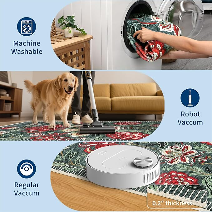 GarveeHome Floral Botanical Washable 8x10 Area Rug for Living Room Soft Grey Green Vintage Boho Cottage Large Rugs Low Pile Carpet for Bedroom Dining Nursery Rug