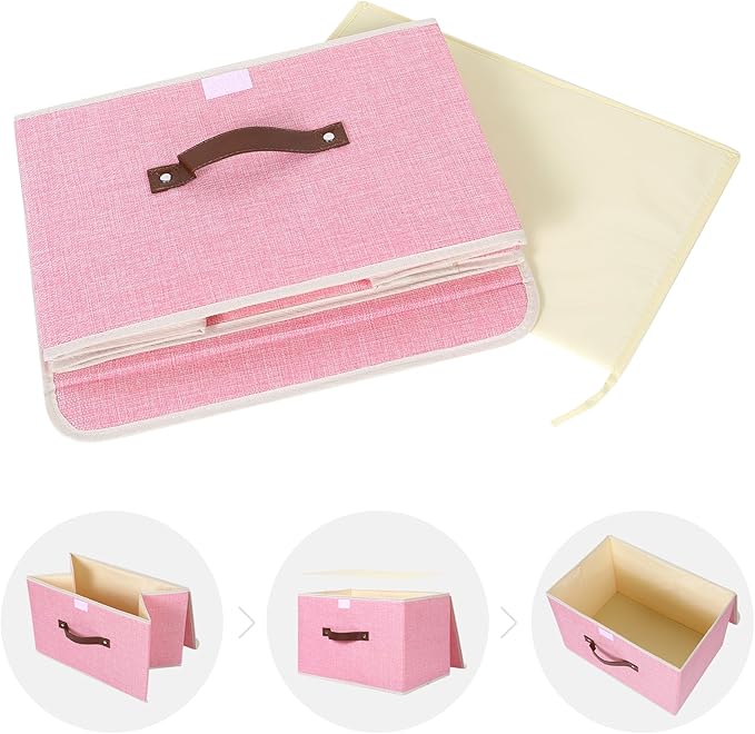 ANMINY Storage Bin with Lid Storage Boxes with PU Leather Handles PP Plastic Board Decorative Foldable Lidded Cotton Linen Fabric Home Cubes Baskets Closet Organizer Container - Pink, Large Size