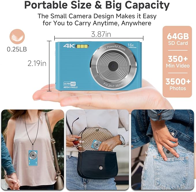 Digital Camera,4K Vlogging Camera for YouTube Autofocus 44MP FHD Camera,16X Digital Zoom Cheap Point and Shoot Digital Camera with 64GB Card for Kids Boys Girls Teens Adult Beginners,2 Batteries(Blue)