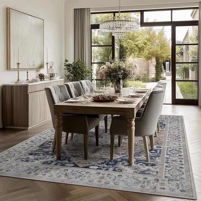 Washable Area Rugs 8x10, Large Rugs for Living Room, Carpet for Bedroom, Soft Faux Wool Retro Dining Room Rug, Non-Slip Backing Resistant Low Pile Vintage Print Rug for Home Office (Taupe/Blue)