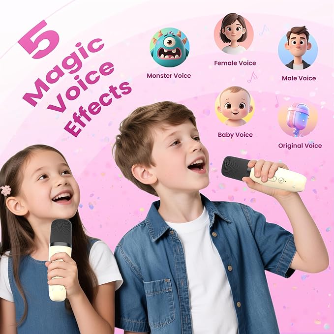 Mini Karaoke Machine for Kids Adults, Kids Toys Karaoke Microphone Singing Speaker, Karaoke Player with 2 Wireless Mic Party, Birthday Gifts for Girls Ages 4, 5, 6, 7, 8, 9, 10, 12+ Years Old(Beige)