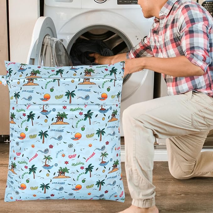 2pcs Travel Waterproof Laundry Bag, Cloth Diaper Wet Dry Bags with Handle & 2 Zipper Pockets, Reusable Washable Dirty Clothes Bag for Baby Adult Travelling Hanging, Bathing Beach Pool Daycare