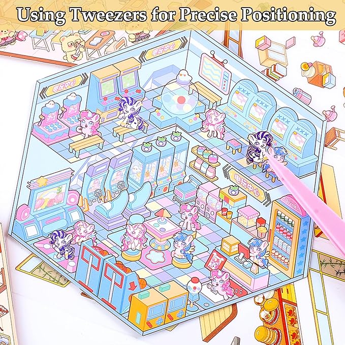 DIY 3D Sticker Scene 4 Sets of Scene Stickers Make Your Own Mini Shop Sticker Cute Miniature Cartoon Therapy Stickers for Kids Adult