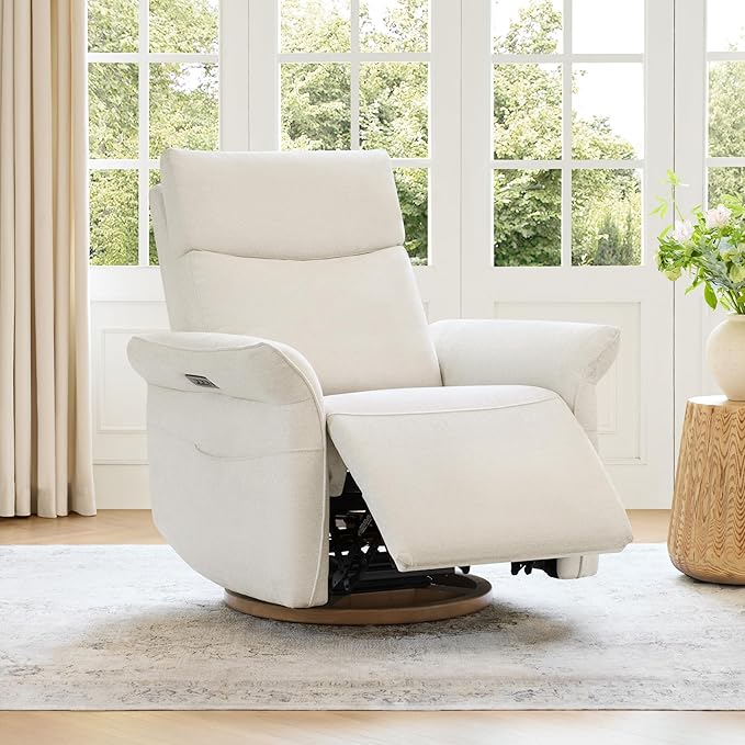 CHITA Power Recliner Chair, Electric Triple-Motor Swivel Glider Nursery Rocking Chair with Adjustable Power Headrest and Lumbar Support, GREENGARD Gold Certified, Solid Wood Base, Linen
