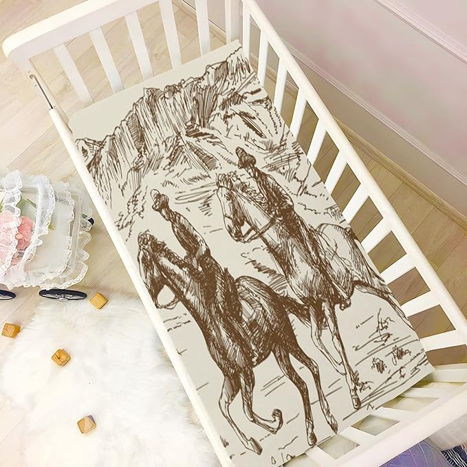 Western Desert Cowboy Crib Sheets for Boys and Girls, Fitted Baby Crib Sheets Soft and Breathable Mini Crib Sheets 39 X 27 Inches