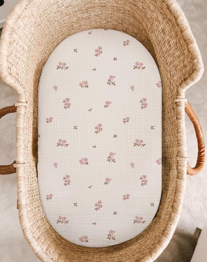 Bassinet Sheet for Baby Boy and Girl 2 Pack, Fitted Sheets for Rectangle, Oval, Hourglass Bassinet Mattress, Muslin Moses Basket Sheets with Neutral Style (Vintage Blossom & Pink)