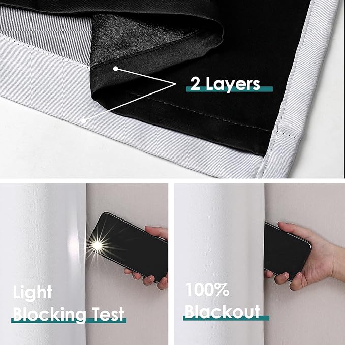 ChrisDowa 100% Blackout Curtains for Bedroom with Black Liner, 2 Thick Layers Total Blackout Thermal Insulated Grommet Window Curtains 2 Panels Set (Greyish White, 42 x 84 Inch)