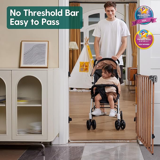 Babelio 34" Extra Tall Baby/Dog Gate with No Threshold Design Walk Thru Door, 26-43" Auto Close Safety Gate for Babies, Elders and Pets, Fits Doorways, Stairs, and Entryways, Brown Wood Pattern