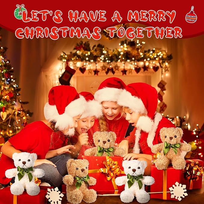 HyDren 12 Pack Bear Stuffed Animals 10 Inch Operation Christmas Bulk Items Small Bear Party Favors Plush Toys for Baby Shower Centerpiece Christmas Birthday Gifts(White, Light Brown)