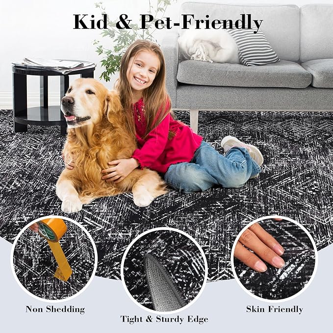 COZYLOOM Rug Runners 2x8 Washable for Hallway Vintage Non Slip Area Rug Geometric Soft Throw Rugs Low Pile Stain Resistant Carpet for Office Dining Room Living Room, Black