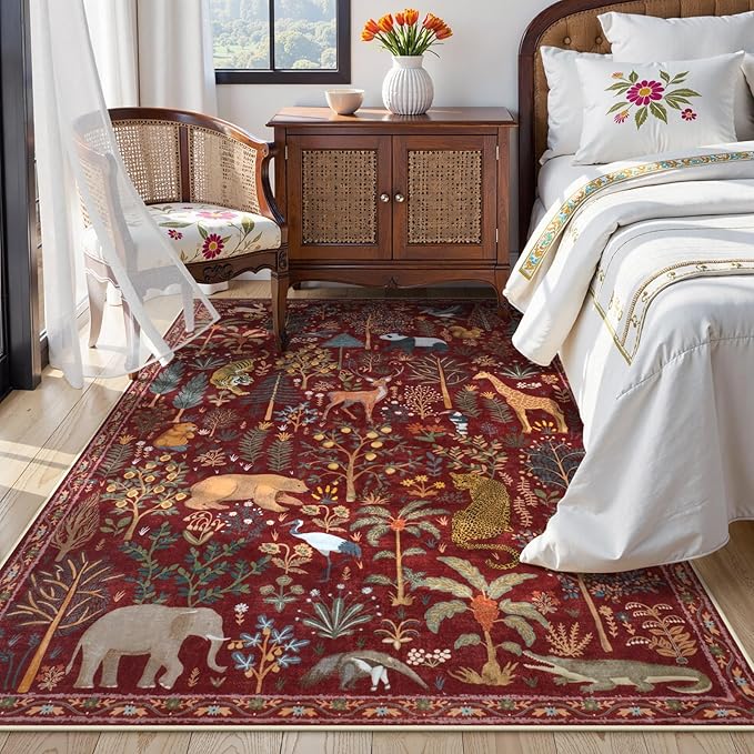 OJIA Jungle Print Washable Area Rugs 5x7, Soft Rugs for Living Room Ultra-Thin Non-Shedding Modern Bedroom Rug, Stain Resistant Throw Rug Large Carpet for Kids Nursery Dining Room, Red